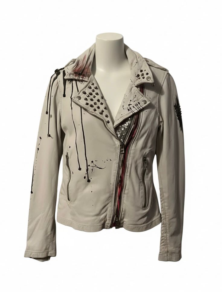 Ivory Studded Leather Biker Jacket