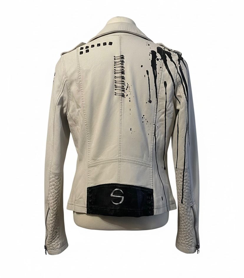 Ivory Studded Leather Biker Jacket